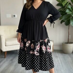 NWT BloomChic Mixed Print Tiered Midi Dress Black Floral Polka Dot Romantic Chic